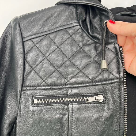 First Classics Black Leather Quilted Hooded Biker Jacket - Picture 6 of 10